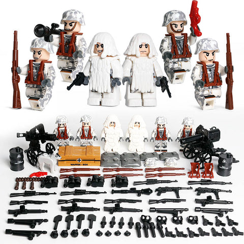 WW2 German Army Winter Squad, 6 Figures, White Camo, Guns, Weapons, Tools, and More!