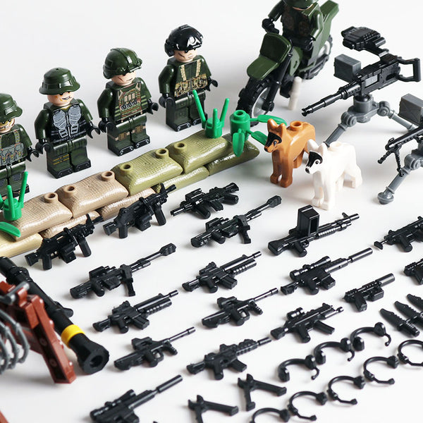 Modern Military Set - 6 Figures, Motorcycle, Razor Wire, Mortar Cannon, Guns, Weapons, Knives, Tools, and More!