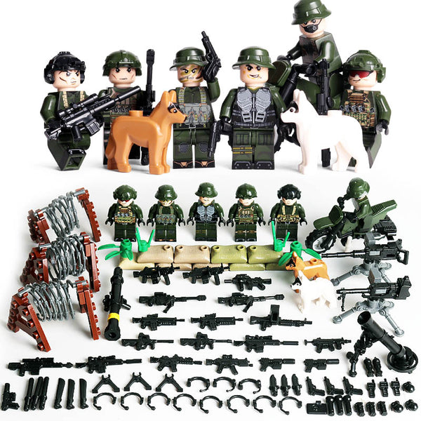 Modern Military Set - 6 Figures, Motorcycle, Razor Wire, Mortar Cannon, Guns, Weapons, Knives, Tools, and More!