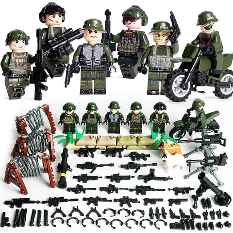 Modern Military Set - 6 Figures, Motorcycle, Razor Wire, Mortar Cannon, Guns, Weapons, Knives, Tools, and More!