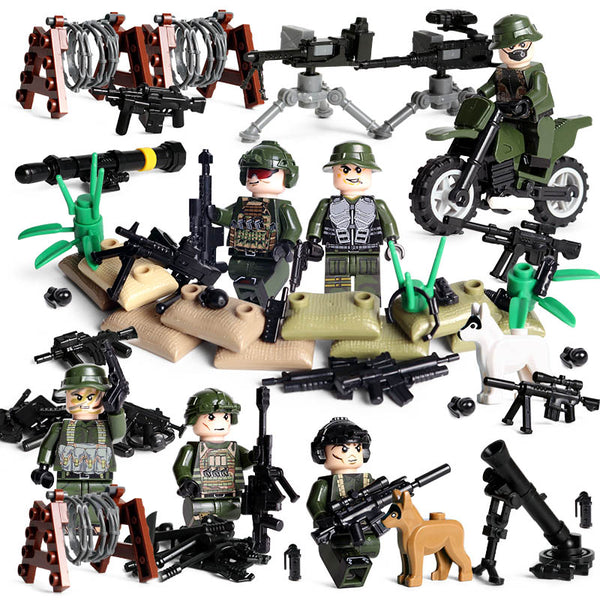 Modern Military Set - 6 Figures, Motorcycle, Razor Wire, Mortar Cannon, Guns, Weapons, Knives, Tools, and More!