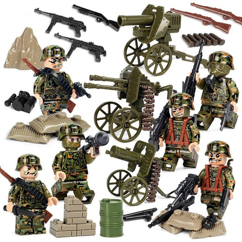 WW2 German Army Set - Green Camouflage, 6 Figures, 3 Hill Guns, Weapons, and More!