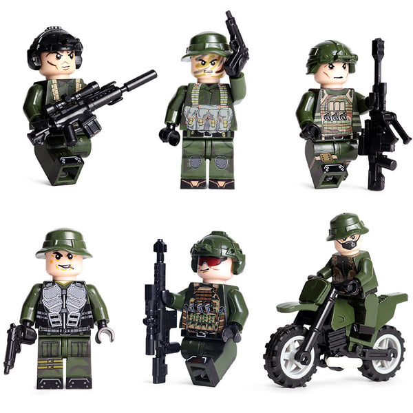 Modern Military Set - 6 Figures, Motorcycle, Razor Wire, Mortar Cannon, Guns, Weapons, Knives, Tools, and More!