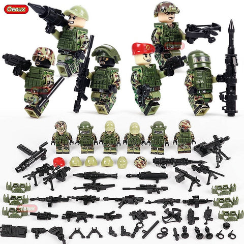 Modern Military Green Camouflage Red Beret Force - 6 Figures, Guns, Weapons, Knives, Tools, Utility Belts, and More!