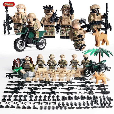 Modern Military Desert Force -  6 Figures, Dog, Weapons, Guns, Motorcycle, and More!